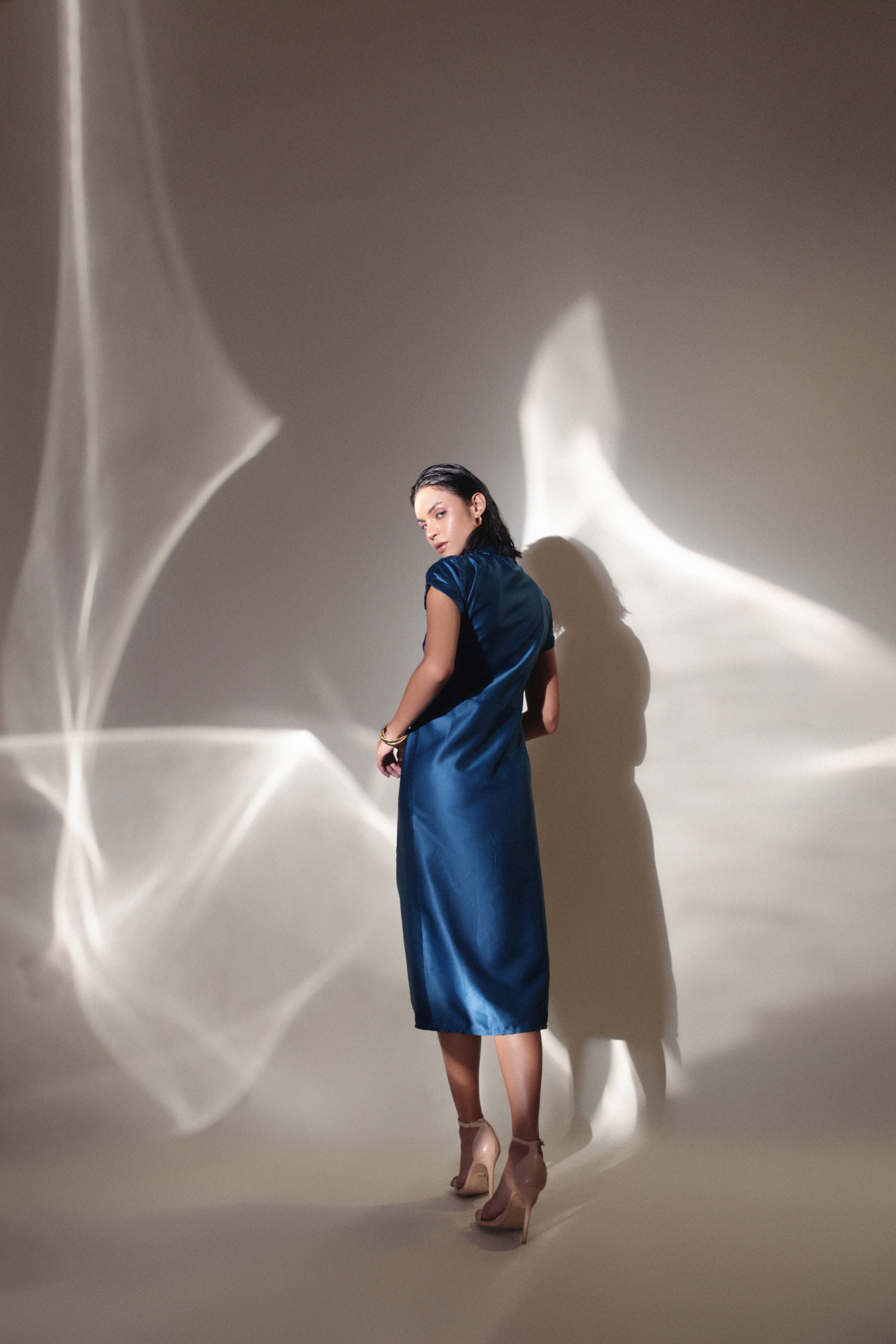 Knot Drape Blue Satin dress - Studioanne