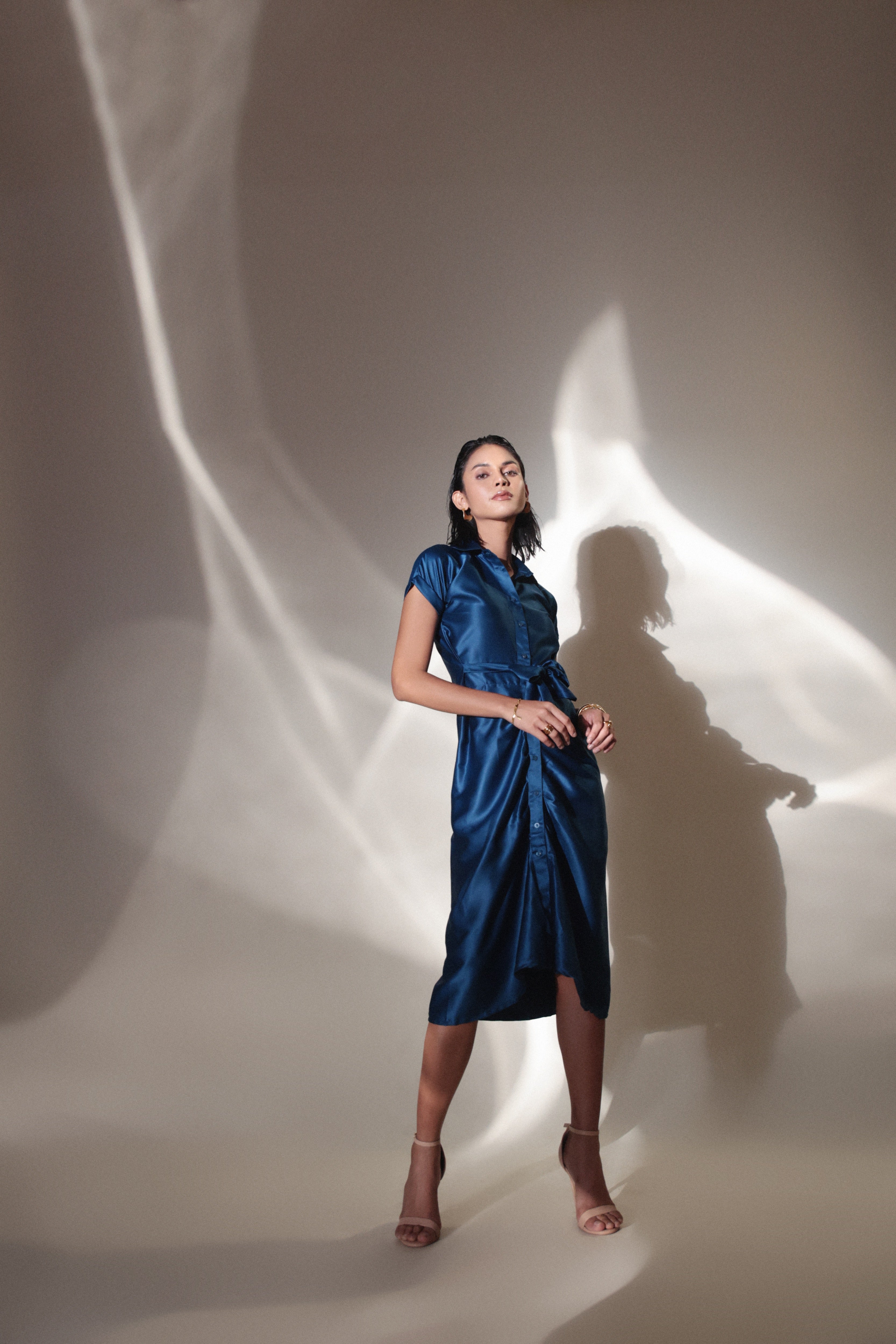 Knot Drape Blue Satin dress - Studioanne