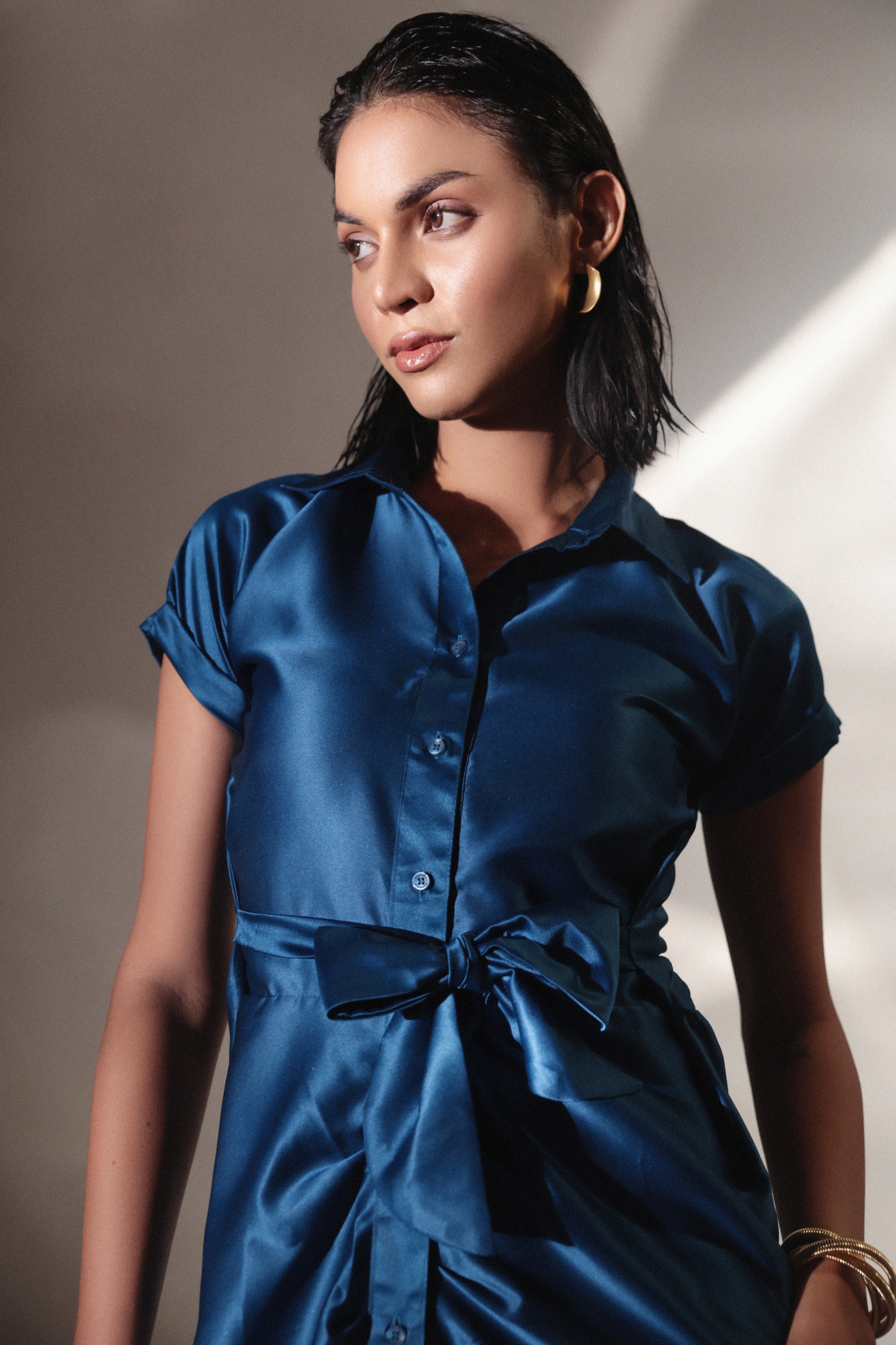 Knot Drape Blue Satin dress - Studioanne