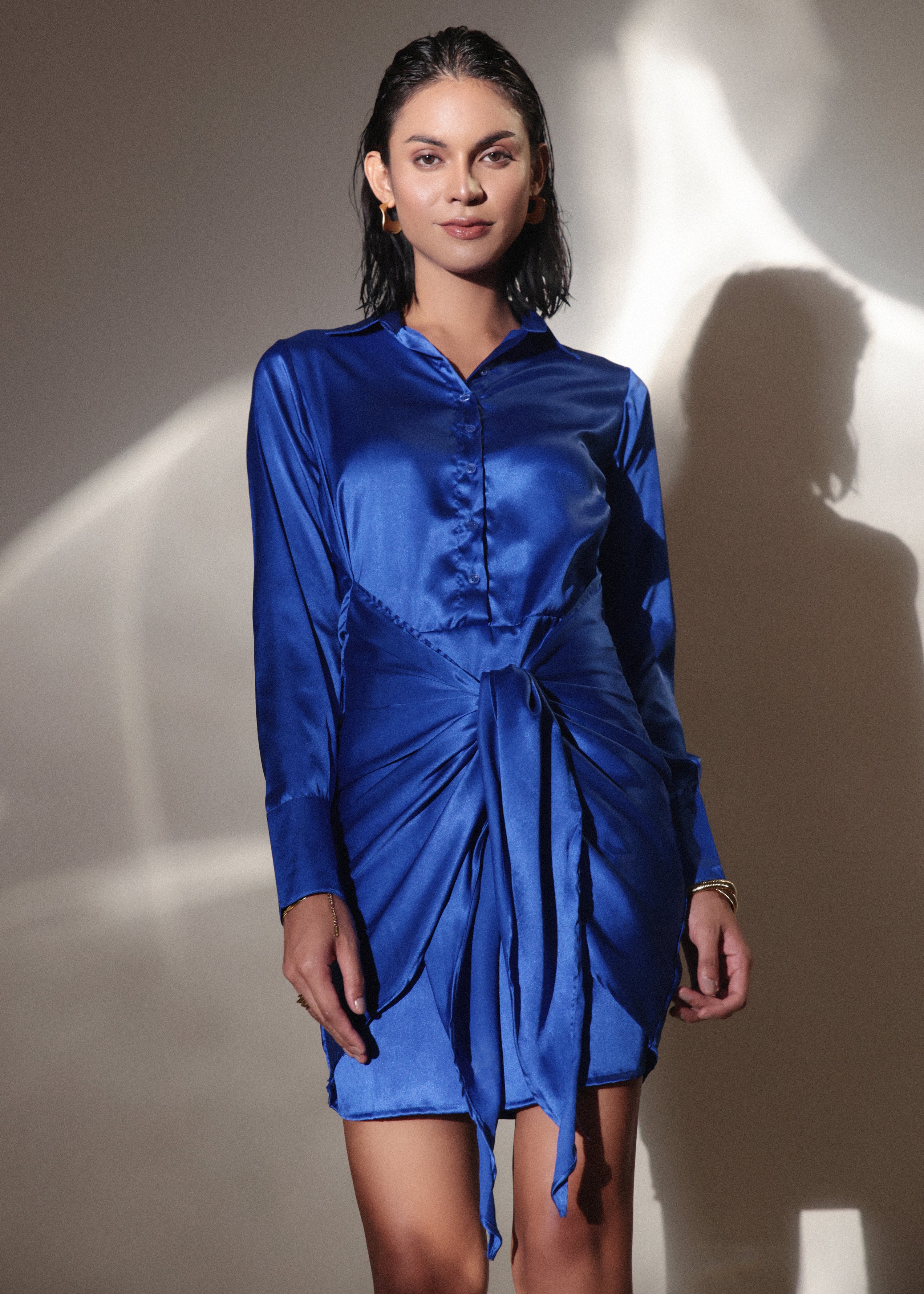 Stylish Blue Shirt Knot Satin Dress
