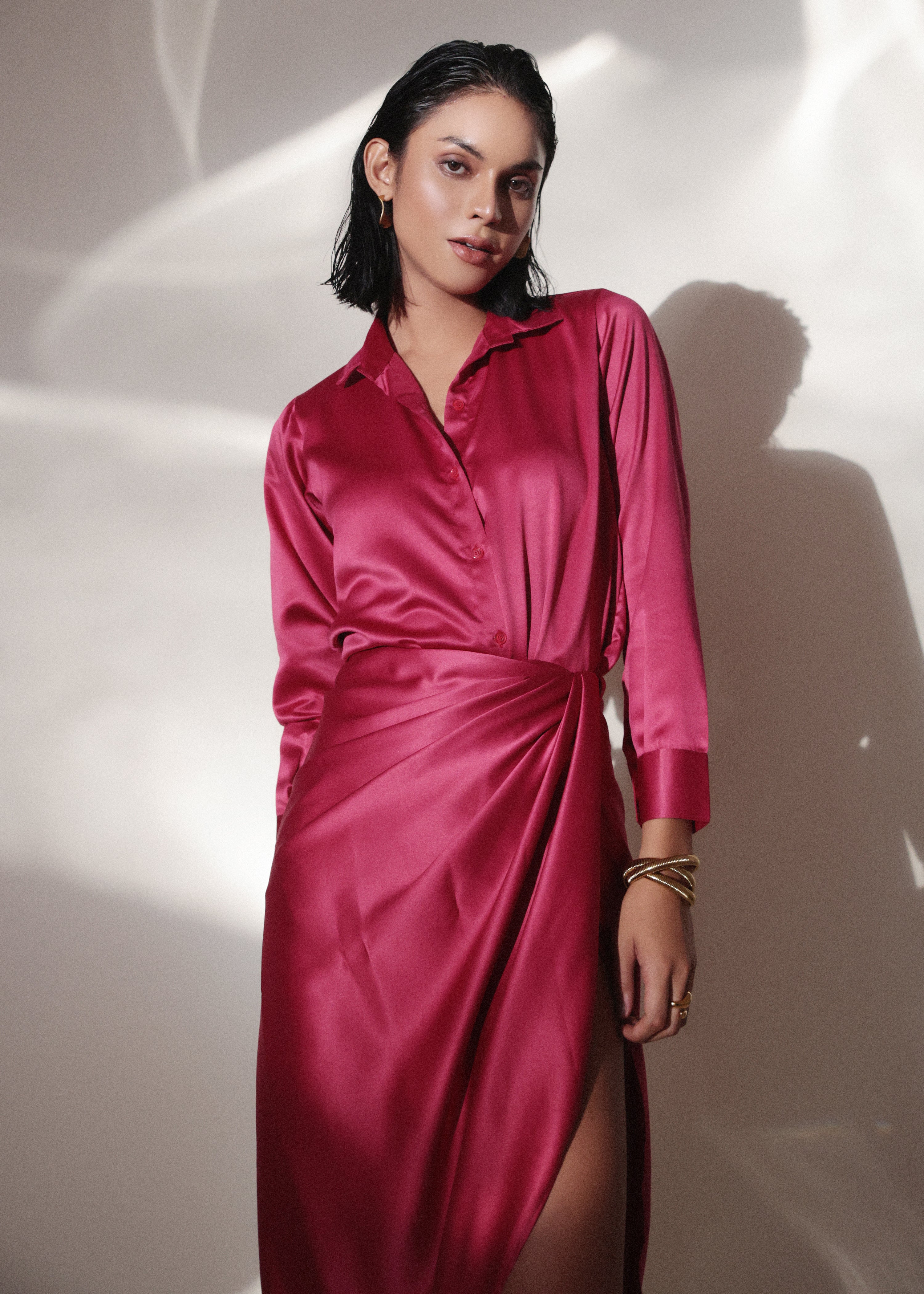 Hot Pink Satin Shirt  Comfortable Ladies Clothing