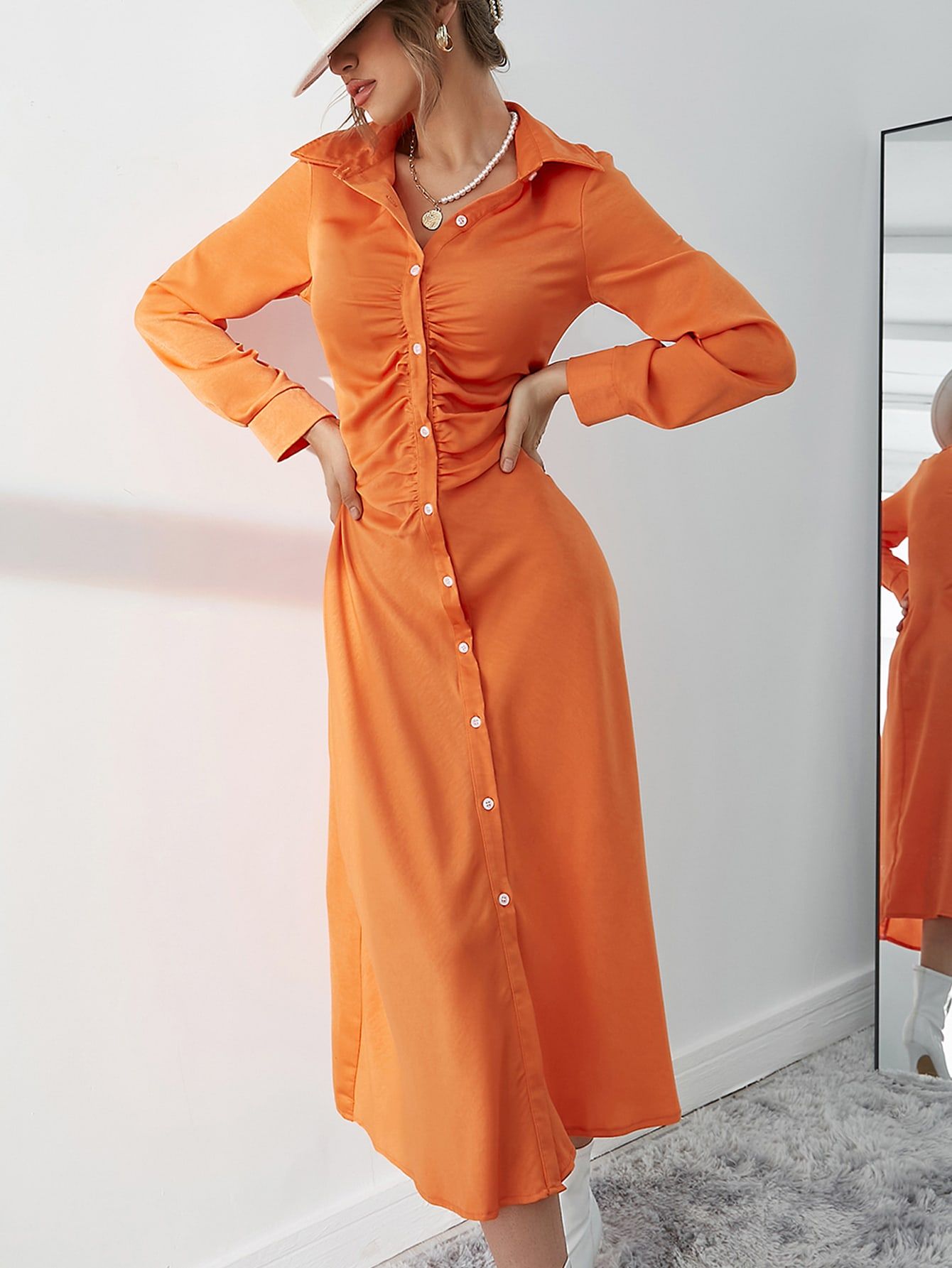 Gather Orange Shirt Dress