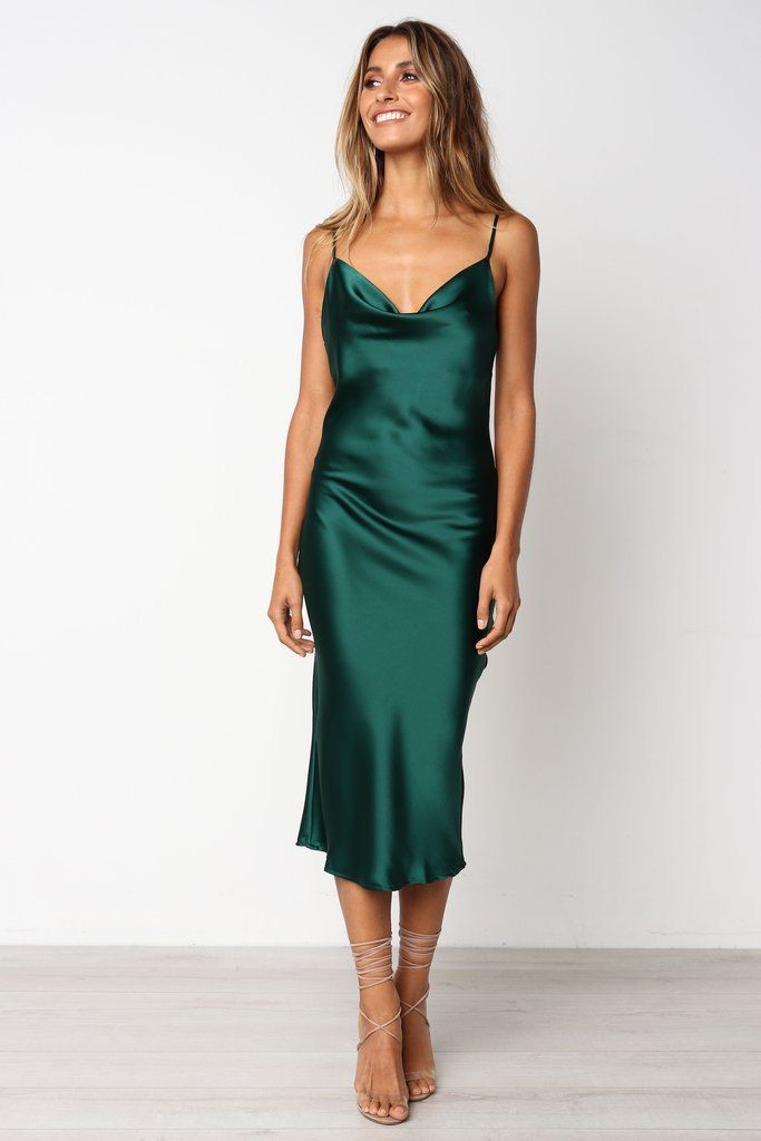 Green Satin Slit Dress