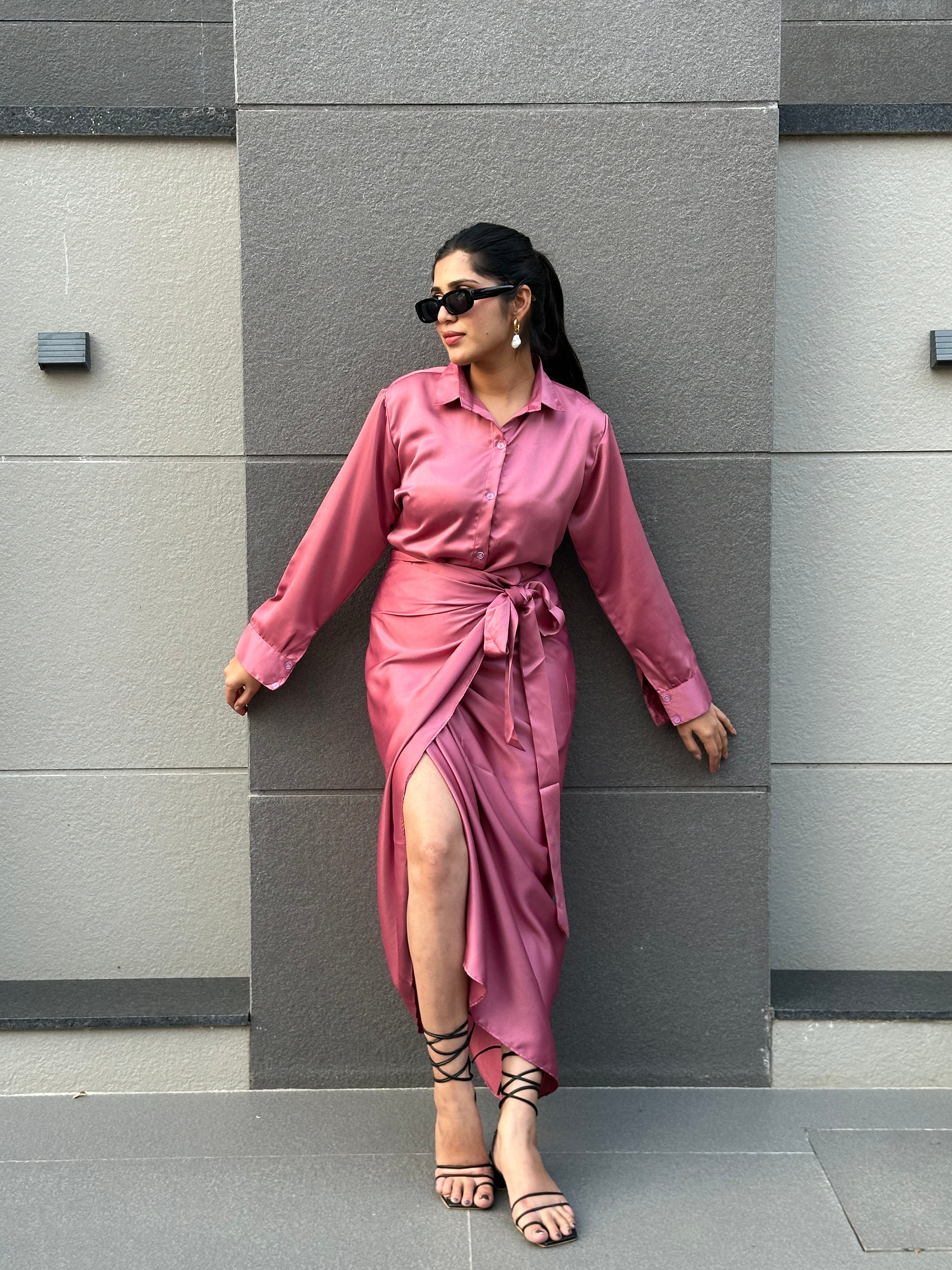 Mauve Satin Wrap Skirt for Women's-Studioanne