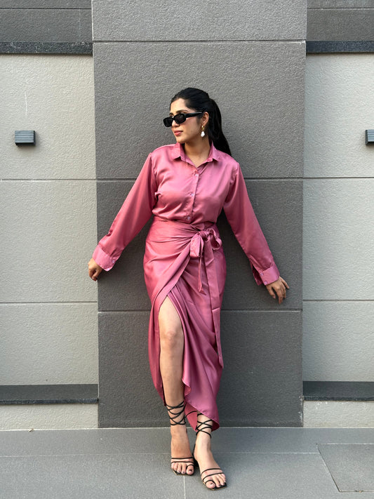Mauve Satin Wrap Skirt for Women's-Studioanne
