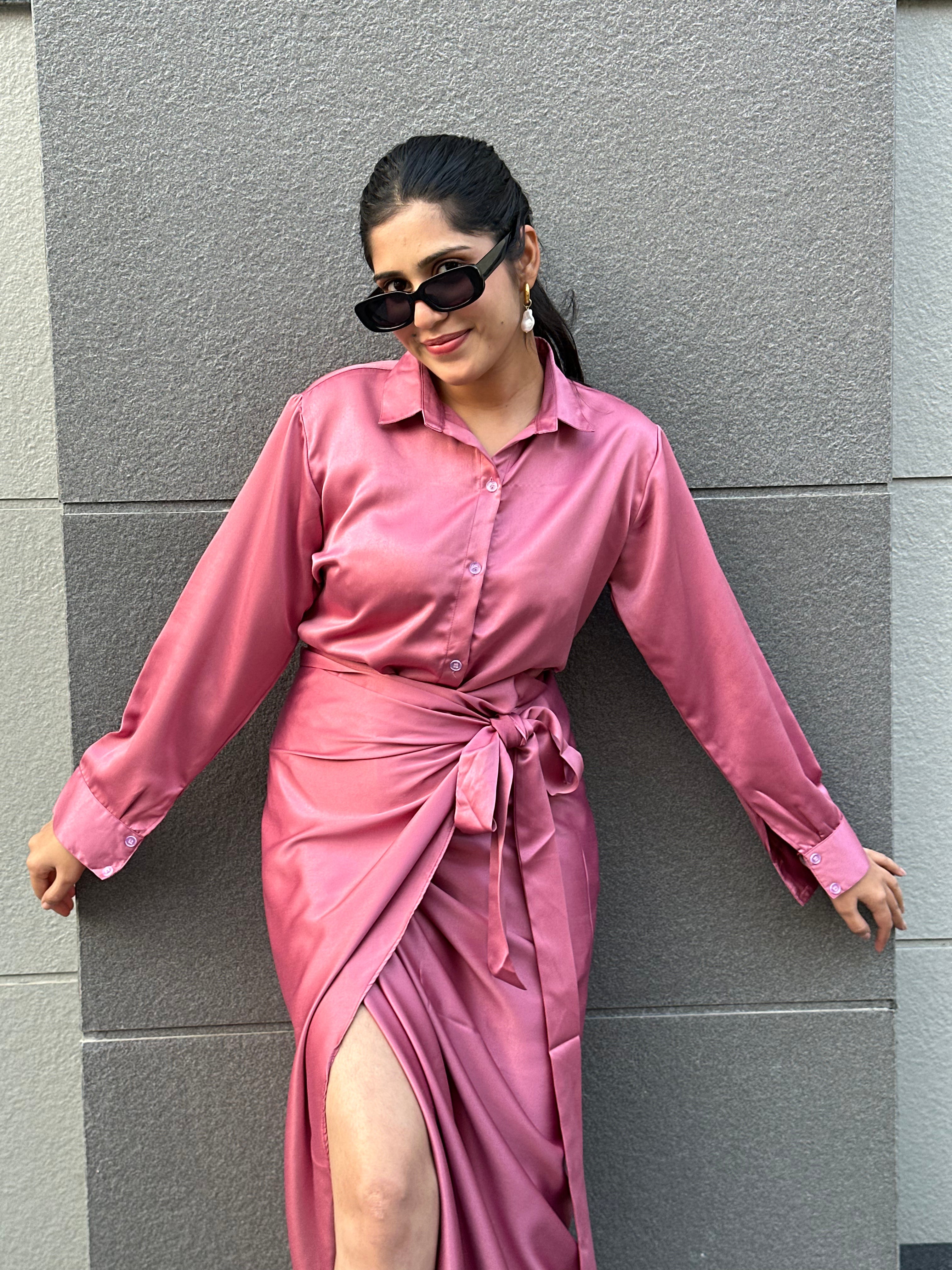 Mauve Satin Wrap Skirt for Women's-Studioanne