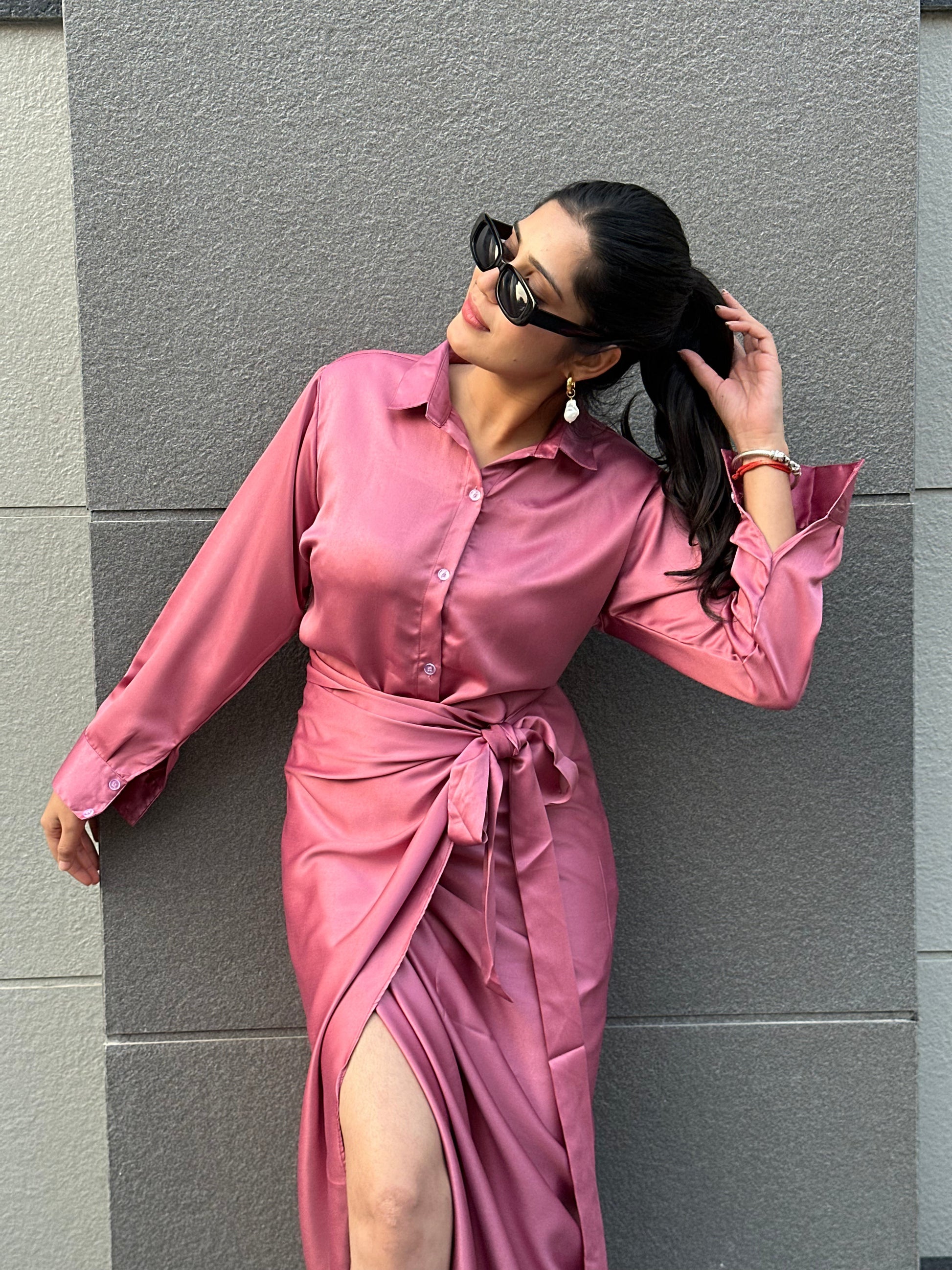 Mauve Satin Wrap Skirt for Women's-Studioanne