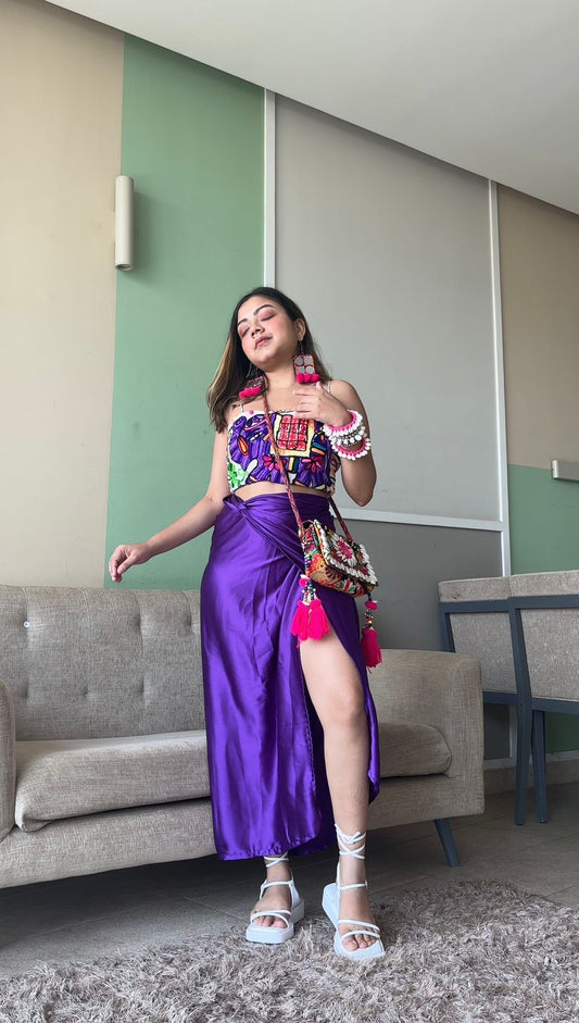  Purple Satin Wrap Skirt For Women's