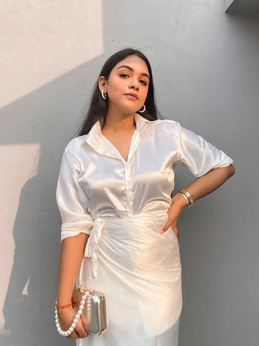 White Babe Satin Coord Set For Women