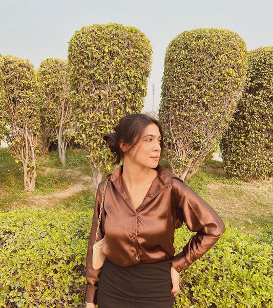  elegant Brown Satin Shirt for women's